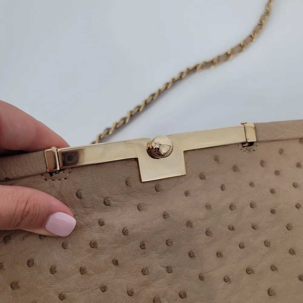 ALIEL Beige Ostrich Leather Flat Clutch Handbag NEW Made in Italy Gold
